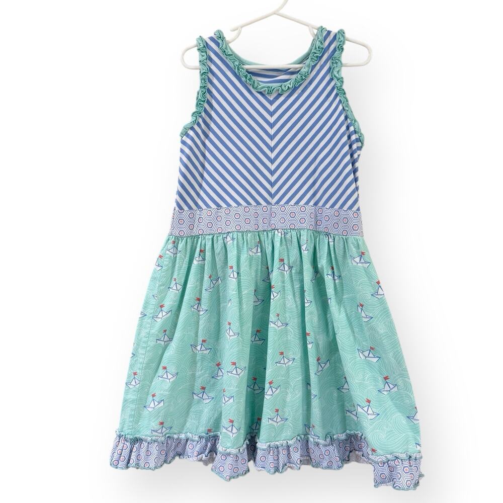 Serendipity Shrimp & Grits Girls 7-8 Dress Blue Green Stripe Sailboat Nautical